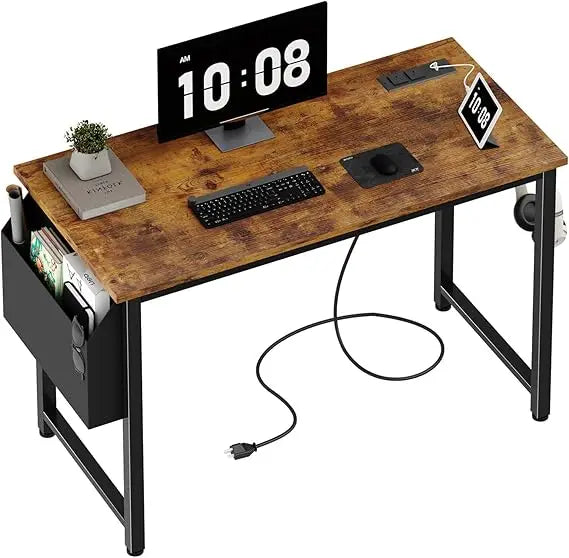 White Computer Desk with Power Outlet, 55 inch Teen Study Table