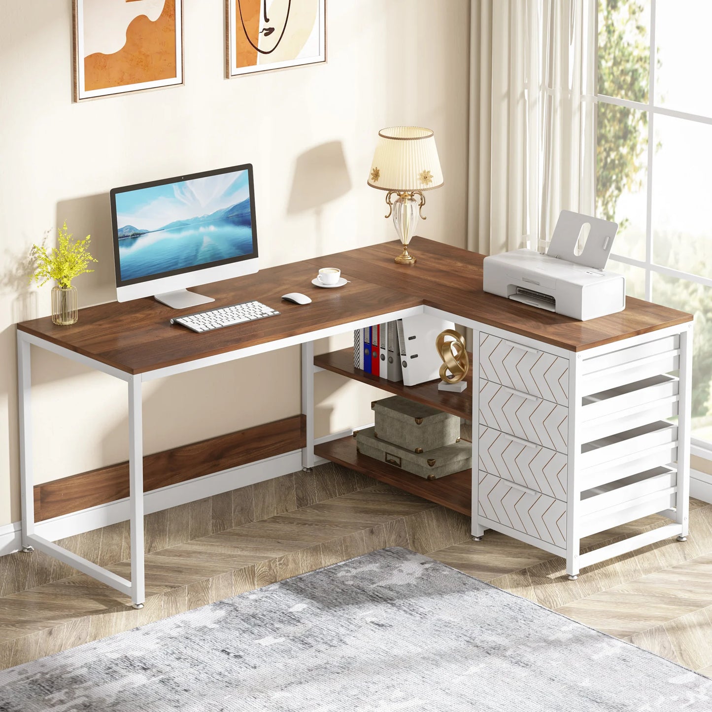 L Shaped Computer Desk with Storage Drawers