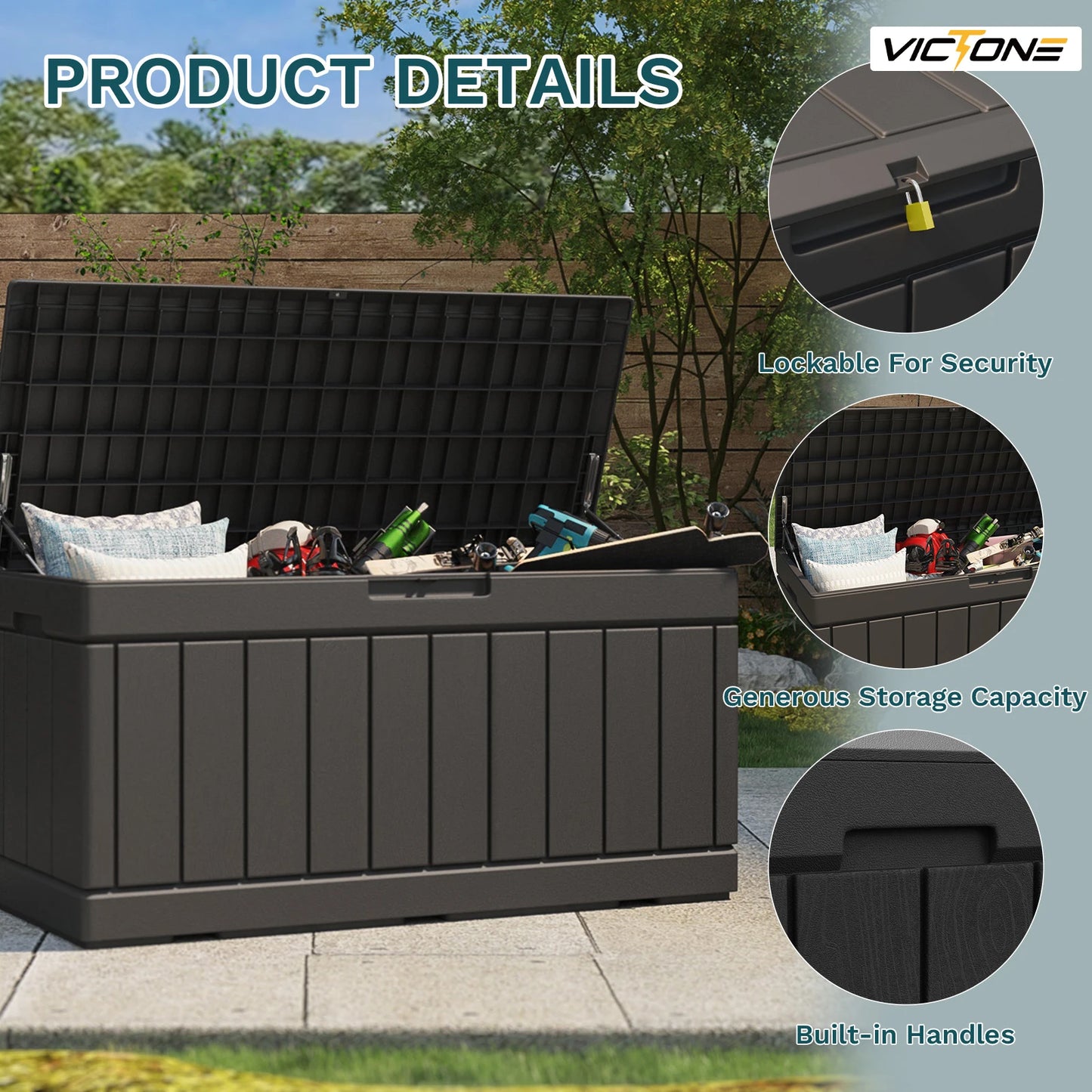 Victone 82 Gallon Deck Box, Waterproof Large Wood Look Outdoor Lockable Storage Box for Patio Fumniture, Toys, Garden, Black