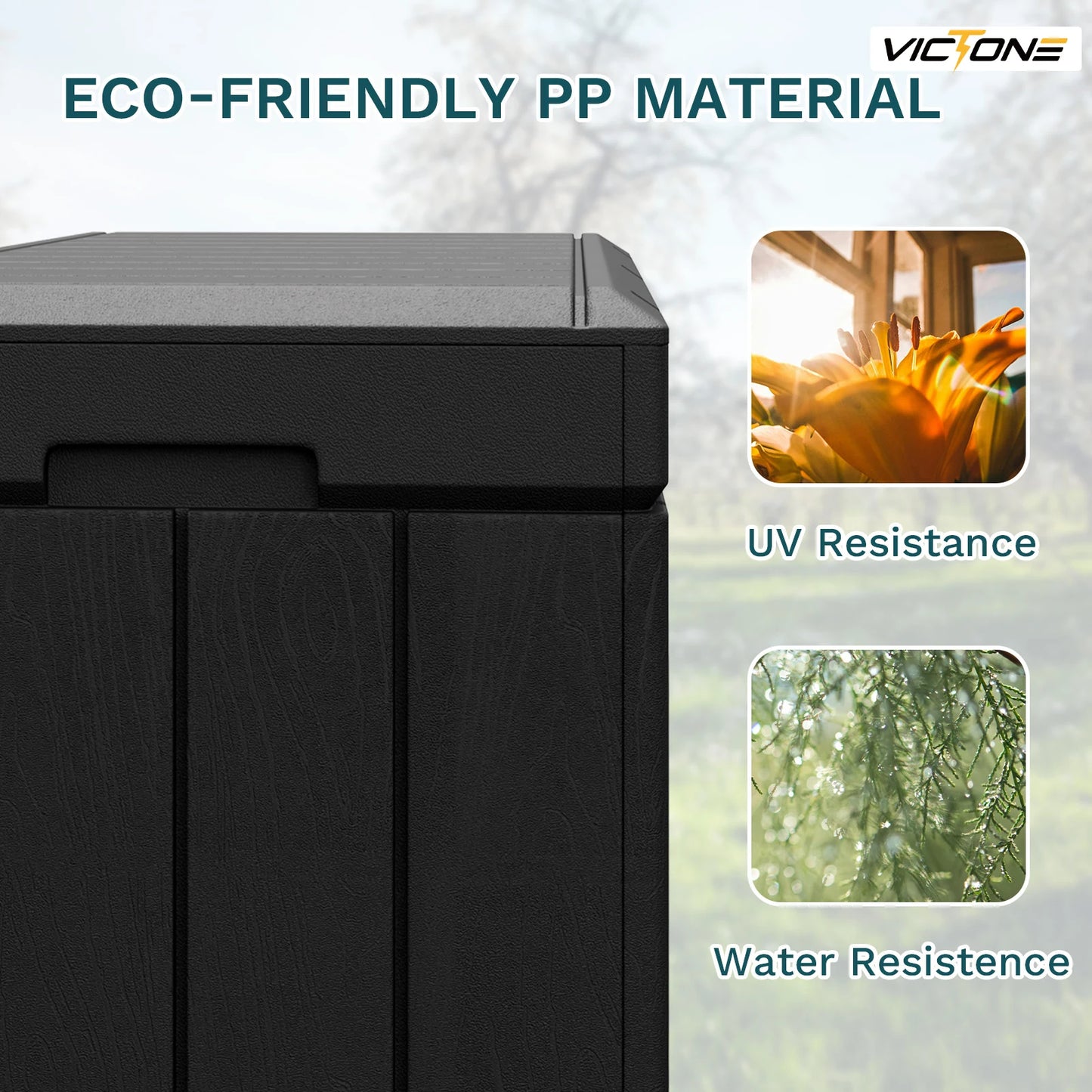 Victone 82 Gallon Deck Box, Waterproof Large Wood Look Outdoor Lockable Storage Box for Patio Fumniture, Toys, Garden, Black