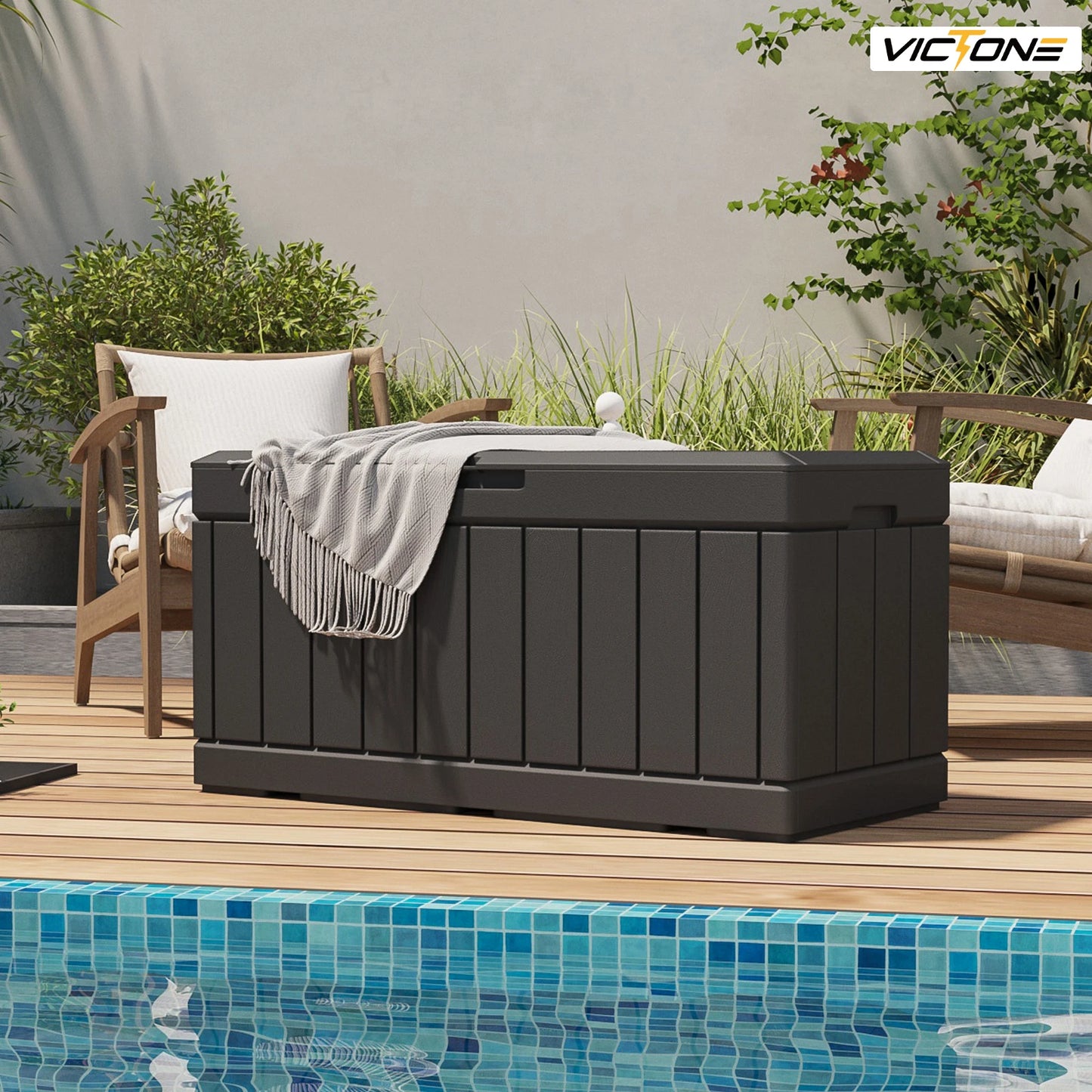Victone 82 Gallon Deck Box, Waterproof Large Wood Look Outdoor Lockable Storage Box for Patio Fumniture, Toys, Garden, Black