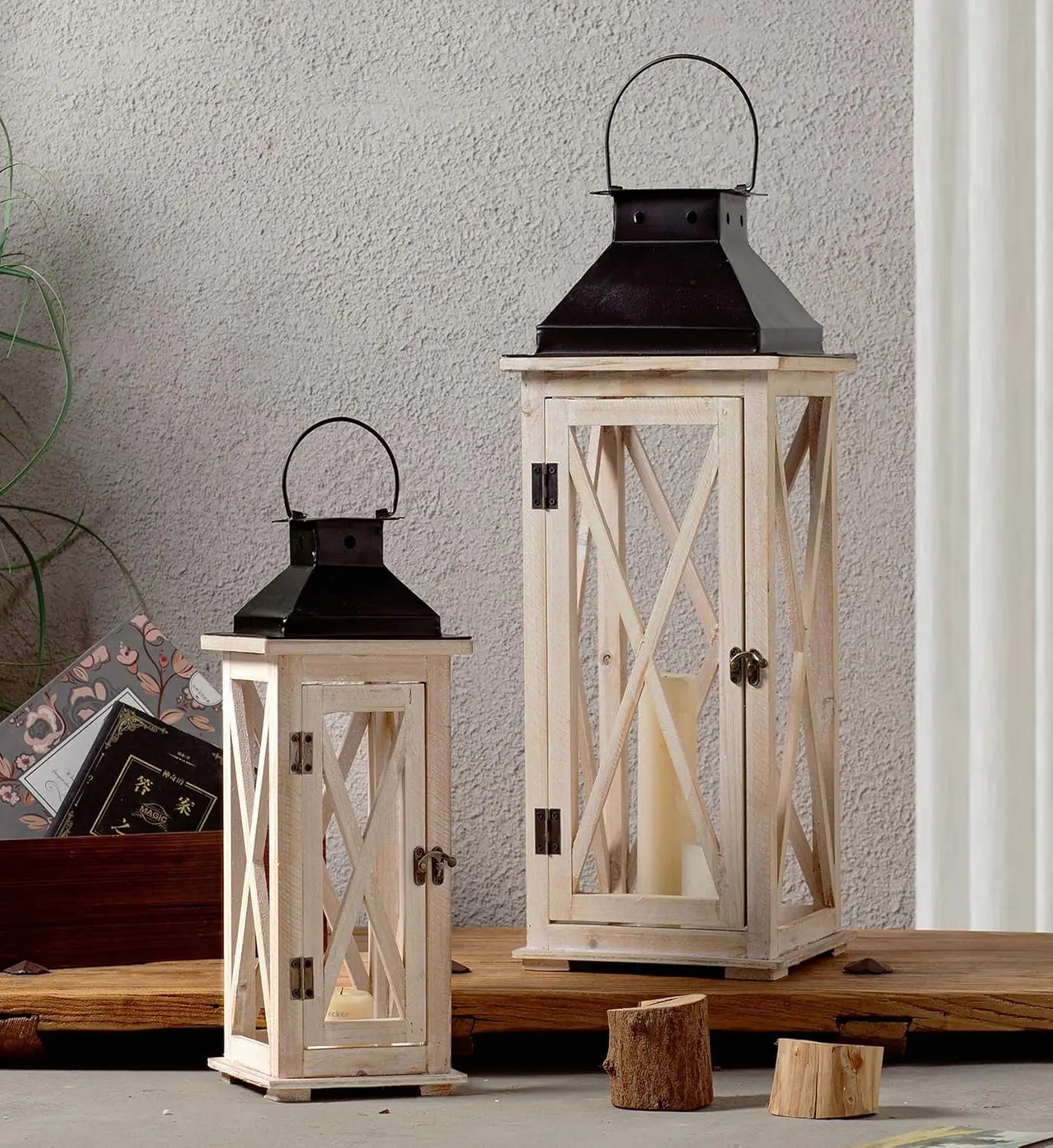 Wooden Candle Lanterns Decorative Set of 2,