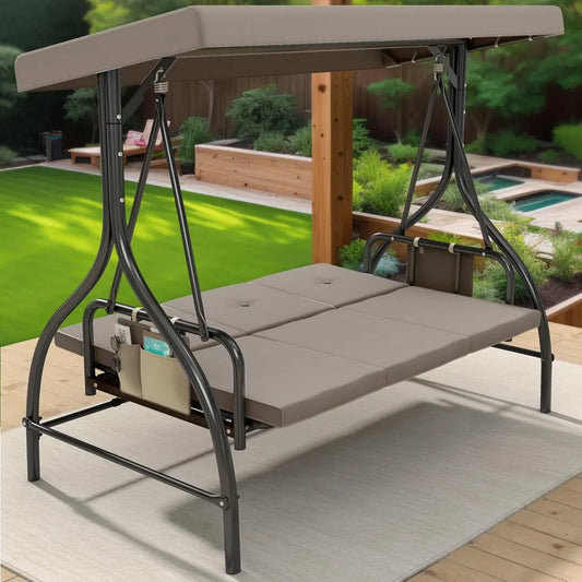 Outdoor Porch Swing, 3 Person Patio Swing Chair with Adjustable Canopy