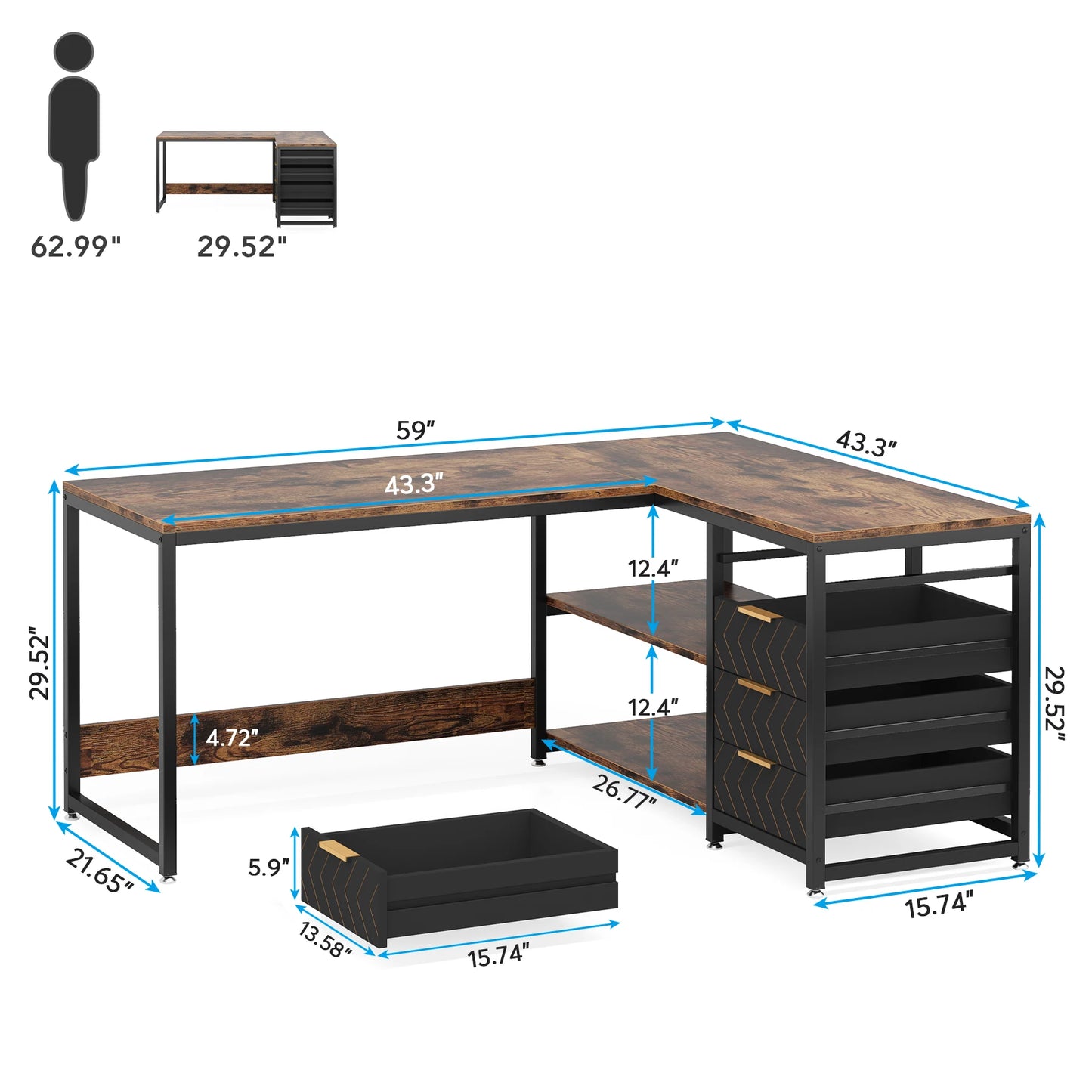 L Shaped Computer Desk with Storage Drawers