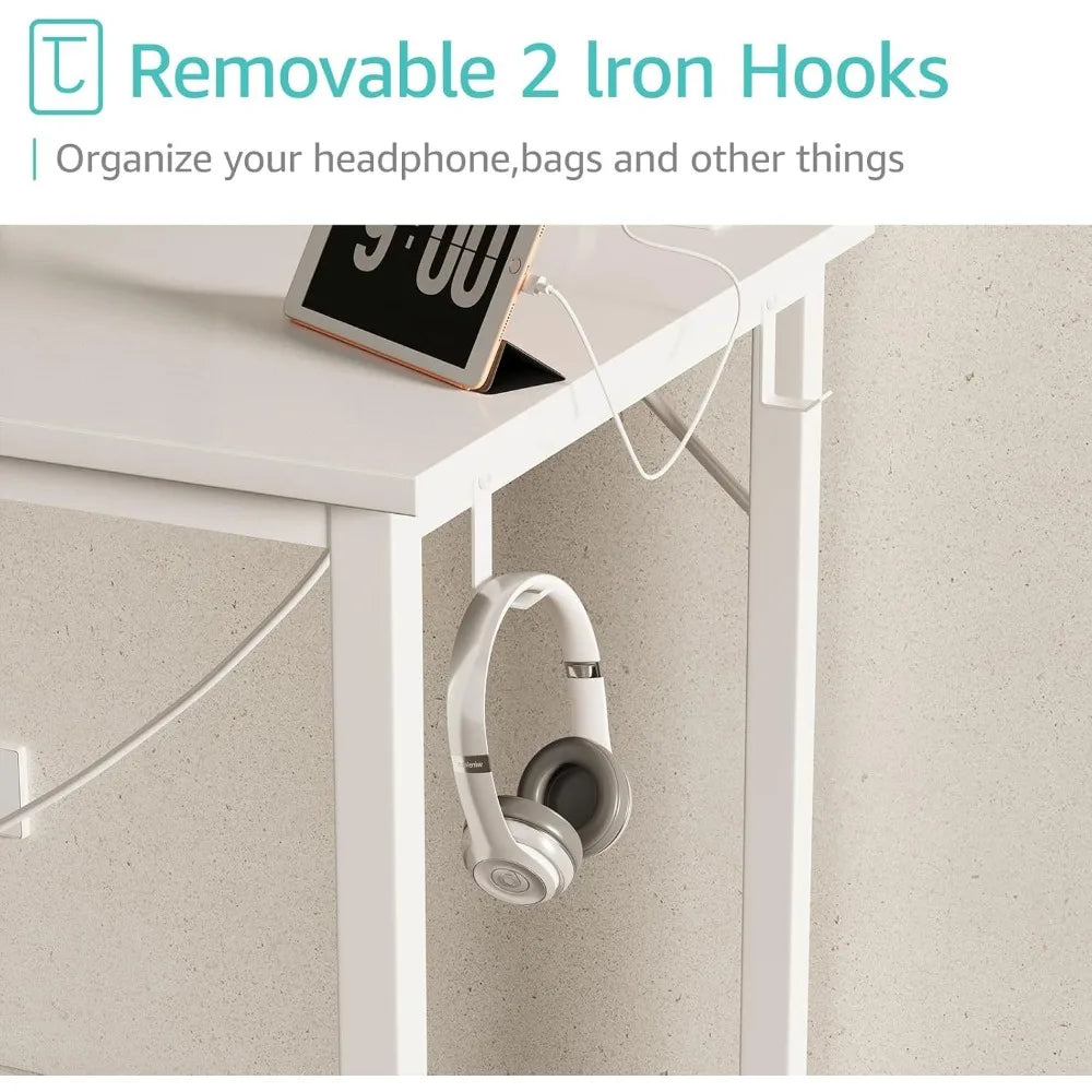 White Computer Desk with Power Outlet, 55 inch Teen Study Table