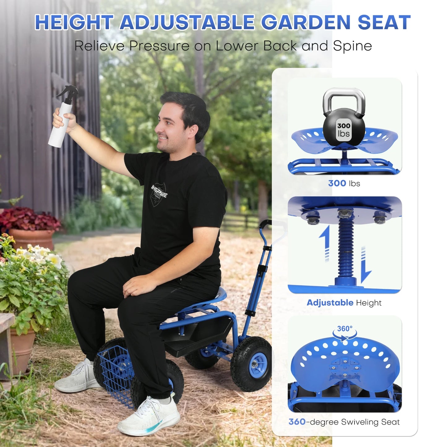 Rolling Garden Work Seat, Garden Stool 360° Swivel Seat