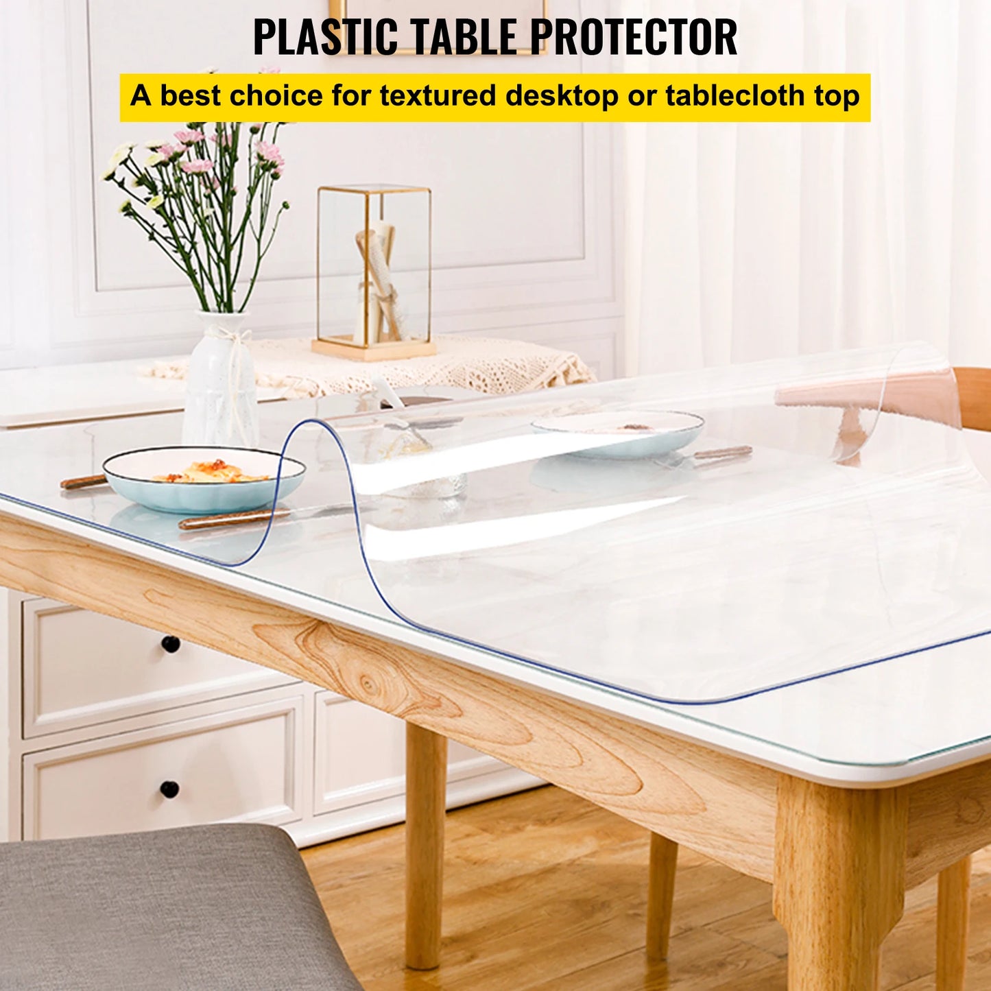 VEVOR 1.5mm 2mm PVC Table Cloth Transparent Clear Desk Cover Protector Plastic Soft Glass Waterproof Oilproof for Dining Table