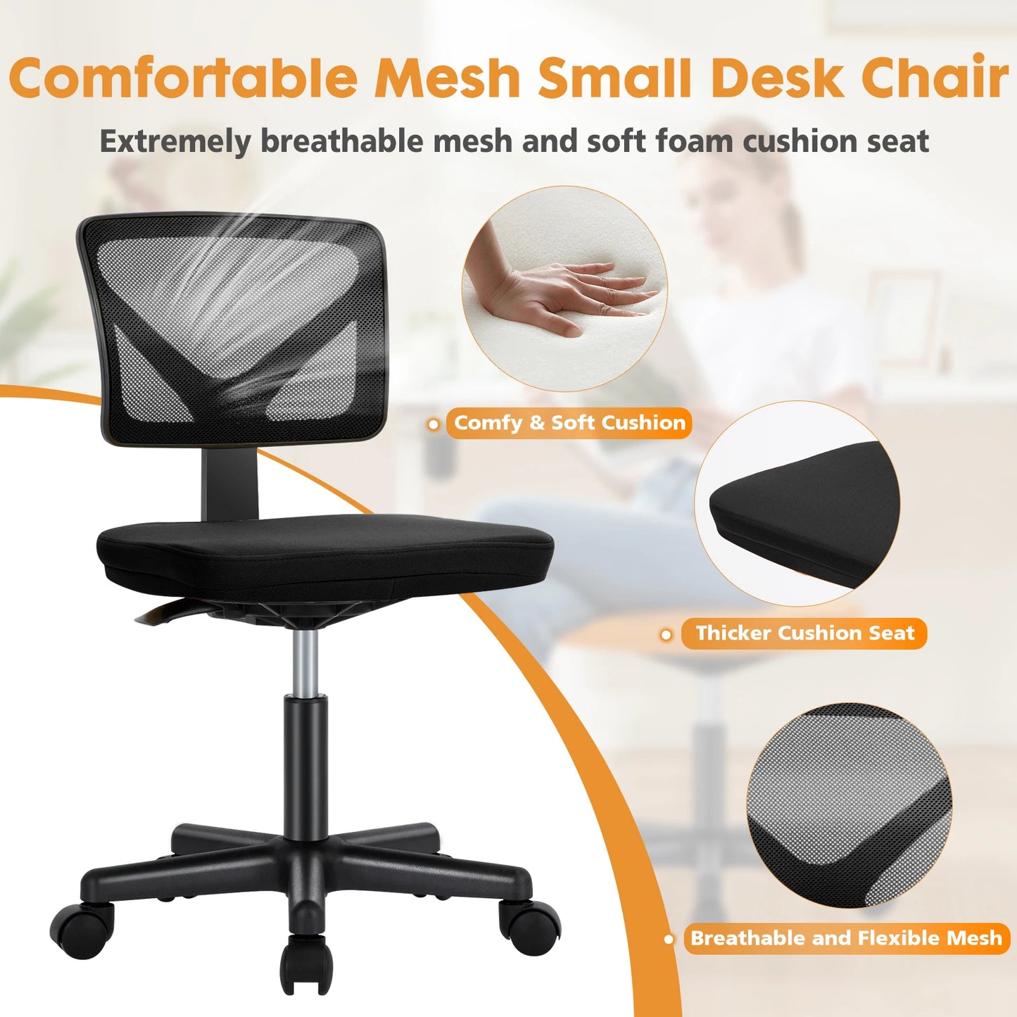 Mesh with Lumbar Support Armless Office Chair Low Back