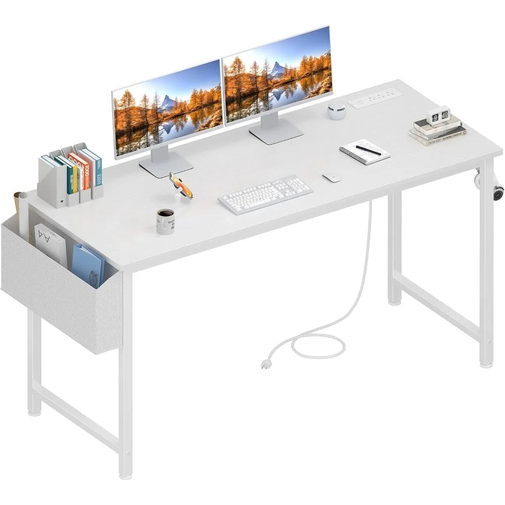 White Computer Desk with Power Outlet, 55 inch Teen Study Table