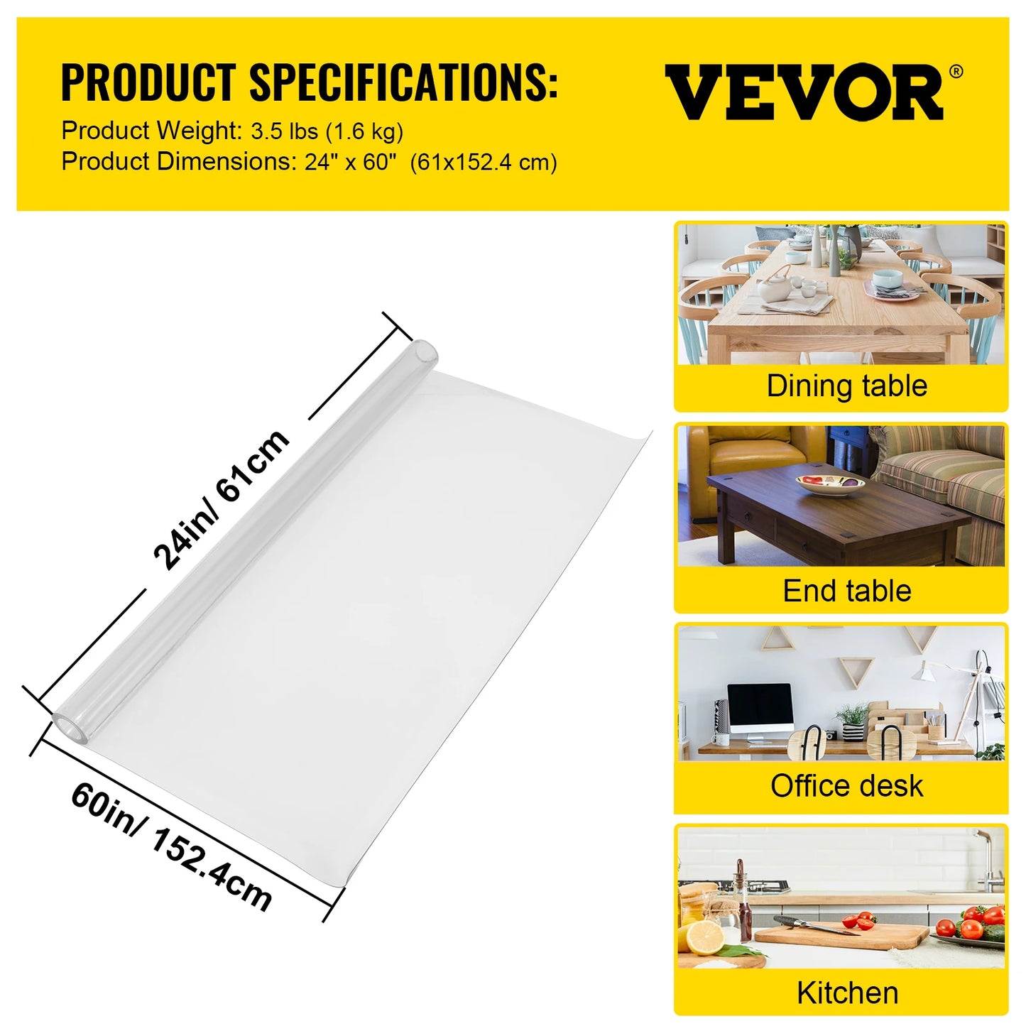 VEVOR 1.5mm 2mm PVC Table Cloth Transparent Clear Desk Cover Protector Plastic Soft Glass Waterproof Oilproof for Dining Table