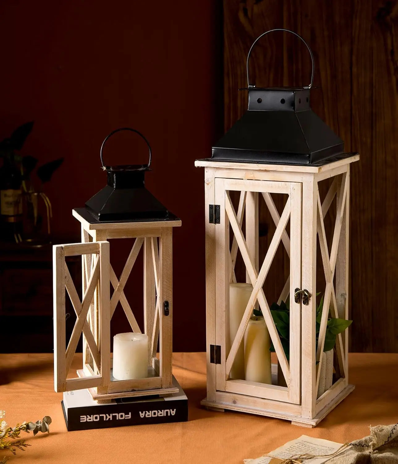 Wooden Candle Lanterns Decorative Set of 2,
