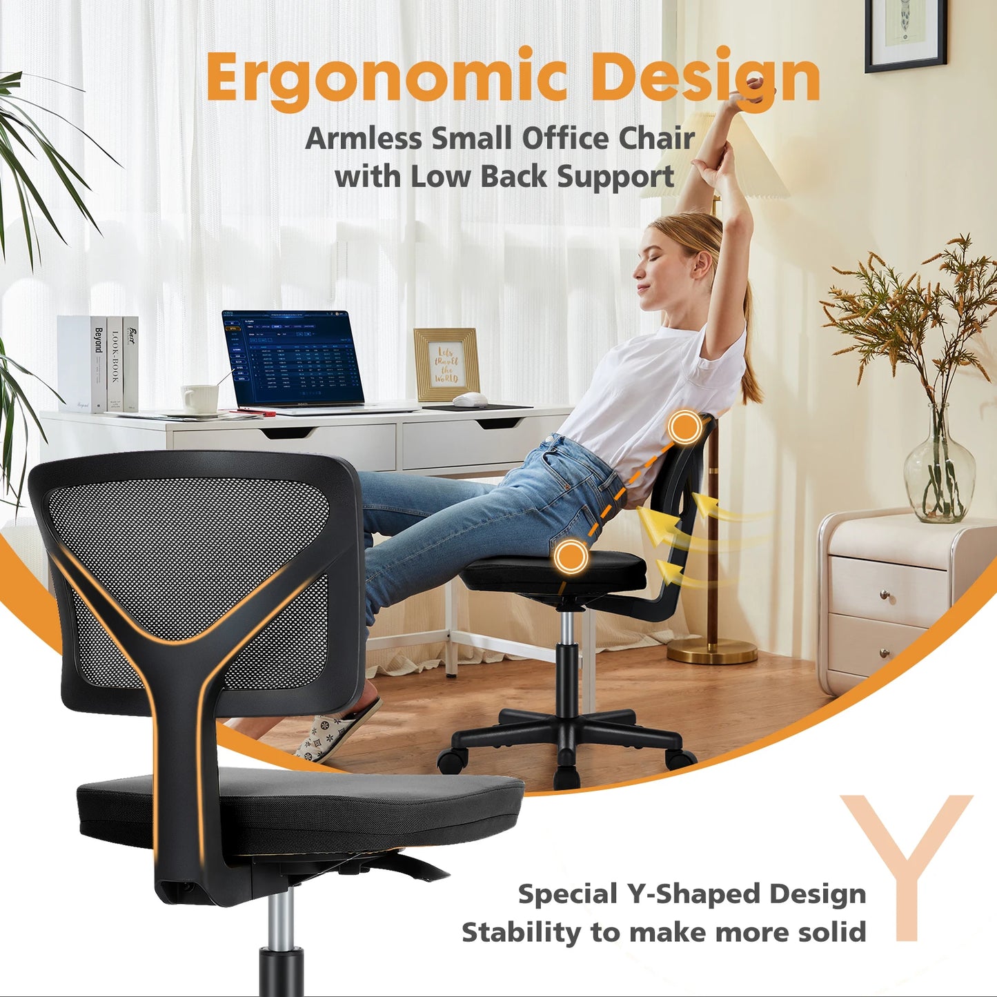 Mesh with Lumbar Support Armless Office Chair Low Back