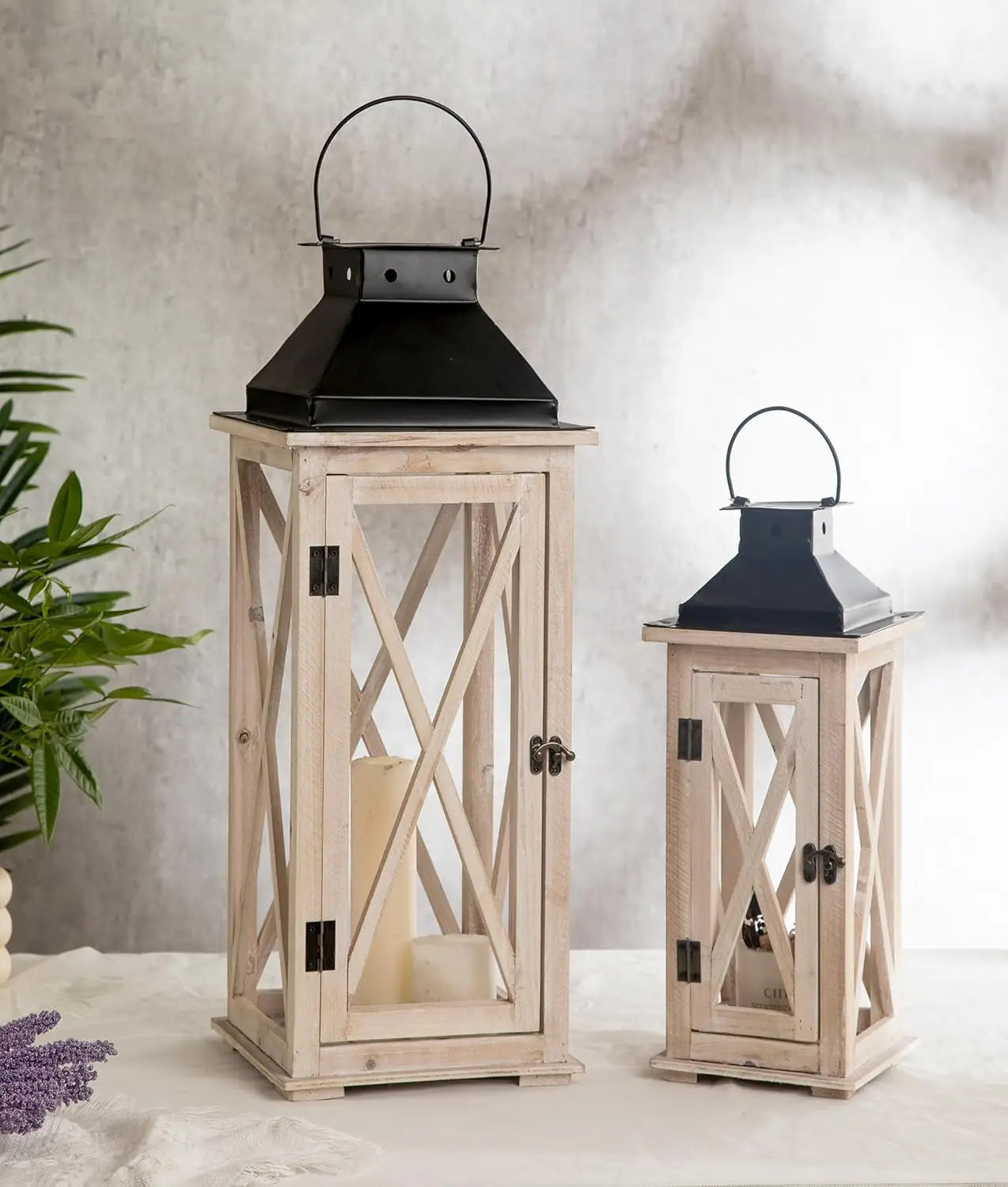 Wooden Candle Lanterns Decorative Set of 2,