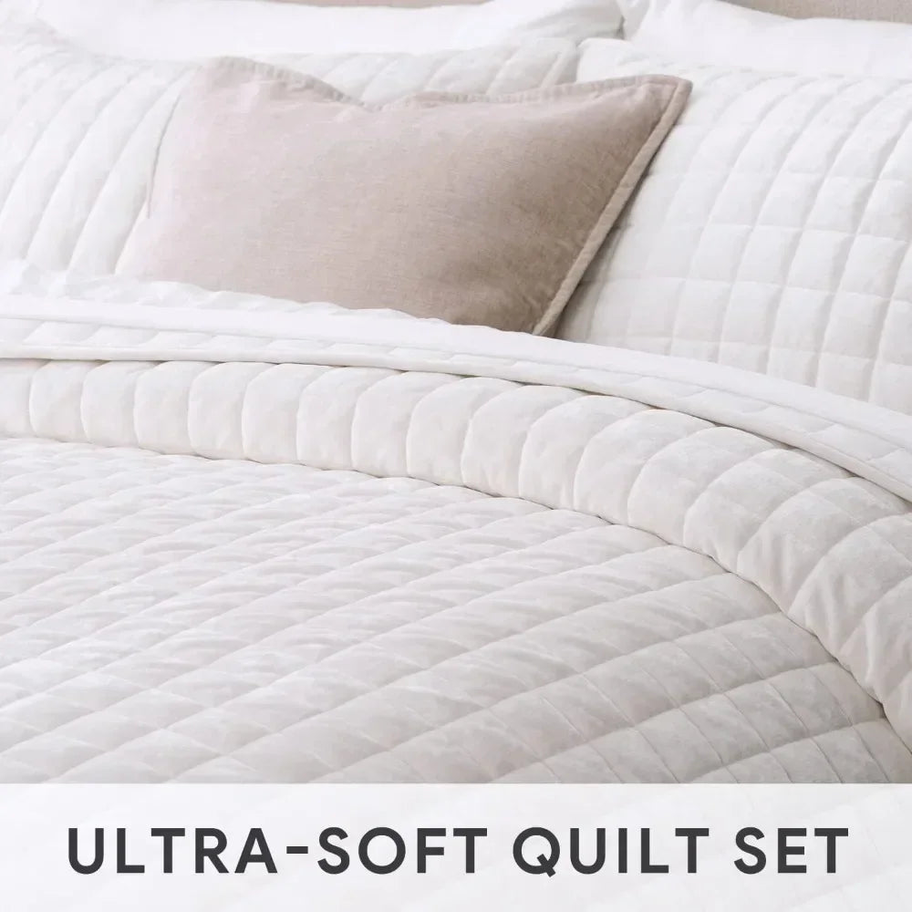 Velvet Quilt Set King Size, Lightweight Comforter Set, Oversized Bedspread Quilted Set, with 2 Matching Pillow Shams,Cream White