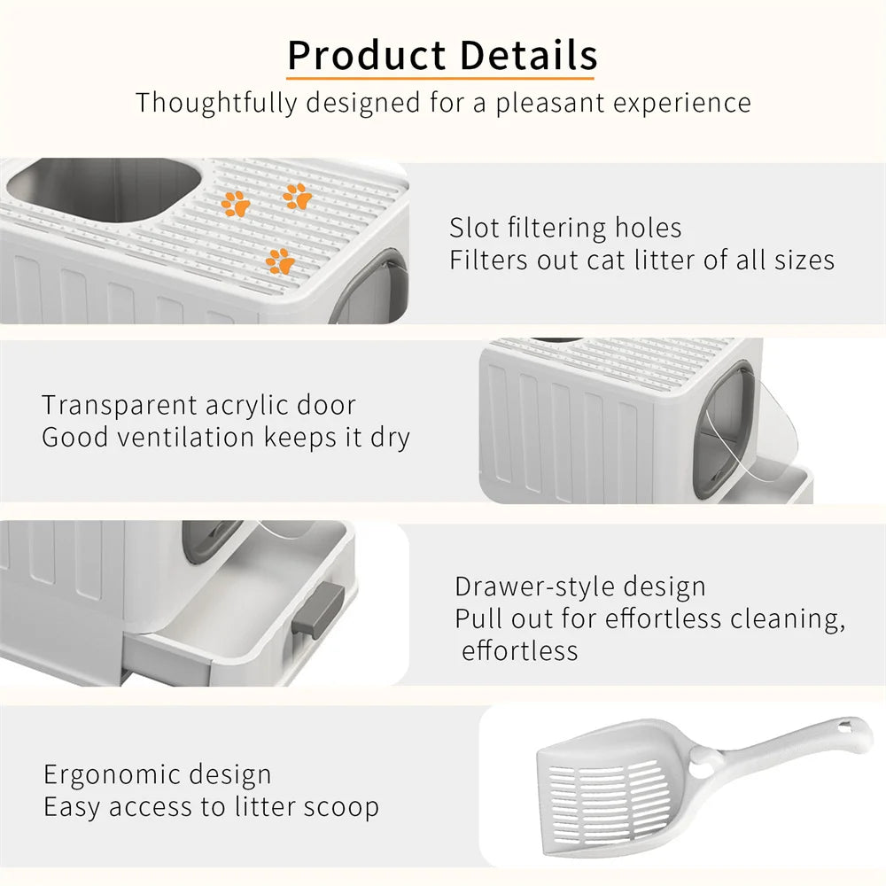 Cat Litter Box Tray Hood Covered Large Entrance Front and Top Access with Lid Cat Litter Tray Pet Kitten Training Toilet Scoop