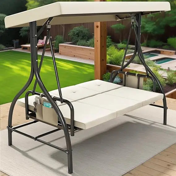 Outdoor Porch Swing, 3 Person Patio Swing Chair with Adjustable Canopy