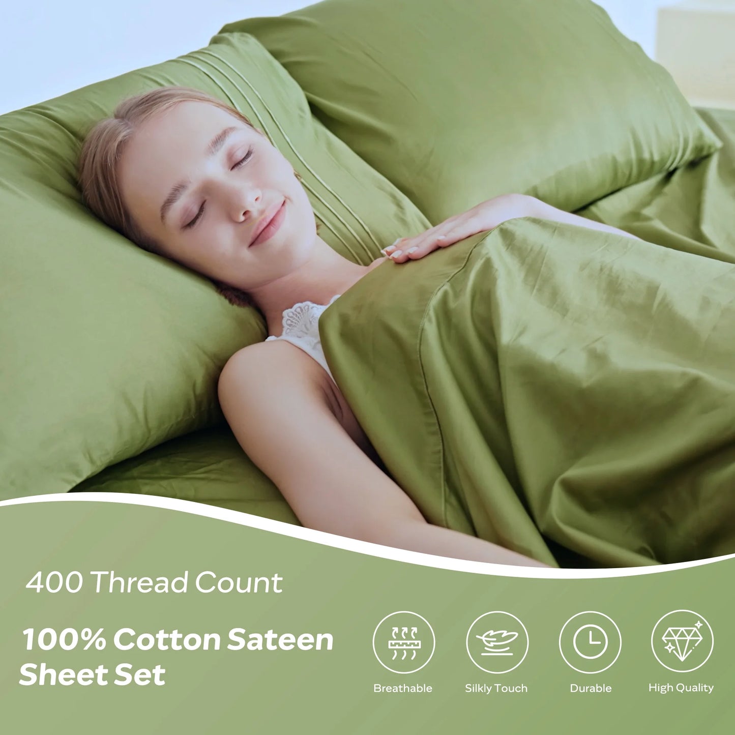 JELLYMONI 400 Thread Count 100% Cotton Sateen Sheet Sets, Extra Soft Bedding Cooling Sheets - 16" Deep Pockets Bed Set
