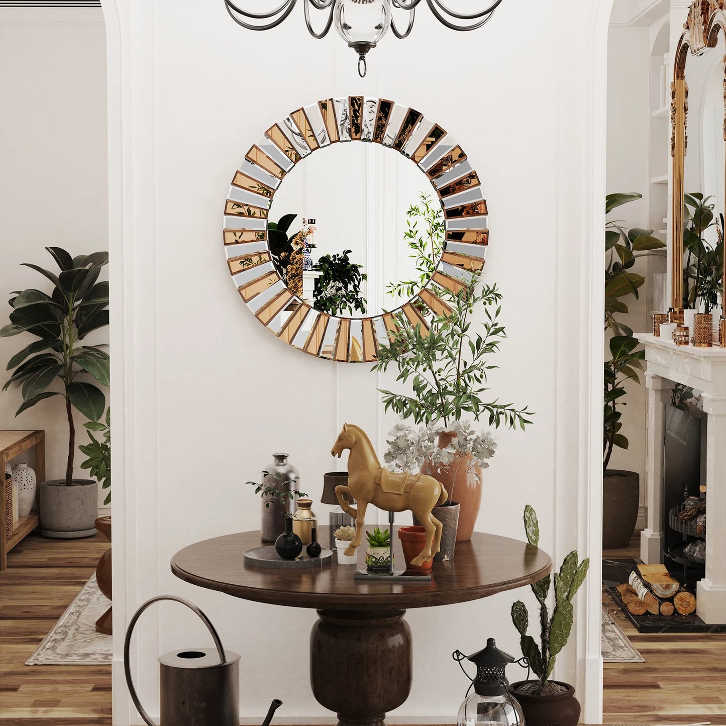 Decorative Mirrors Round Sunburst Wall Mirror Beveled Edge Glass Bathroom Vanity Mirror Hanging Accent Mirrors for Living Room