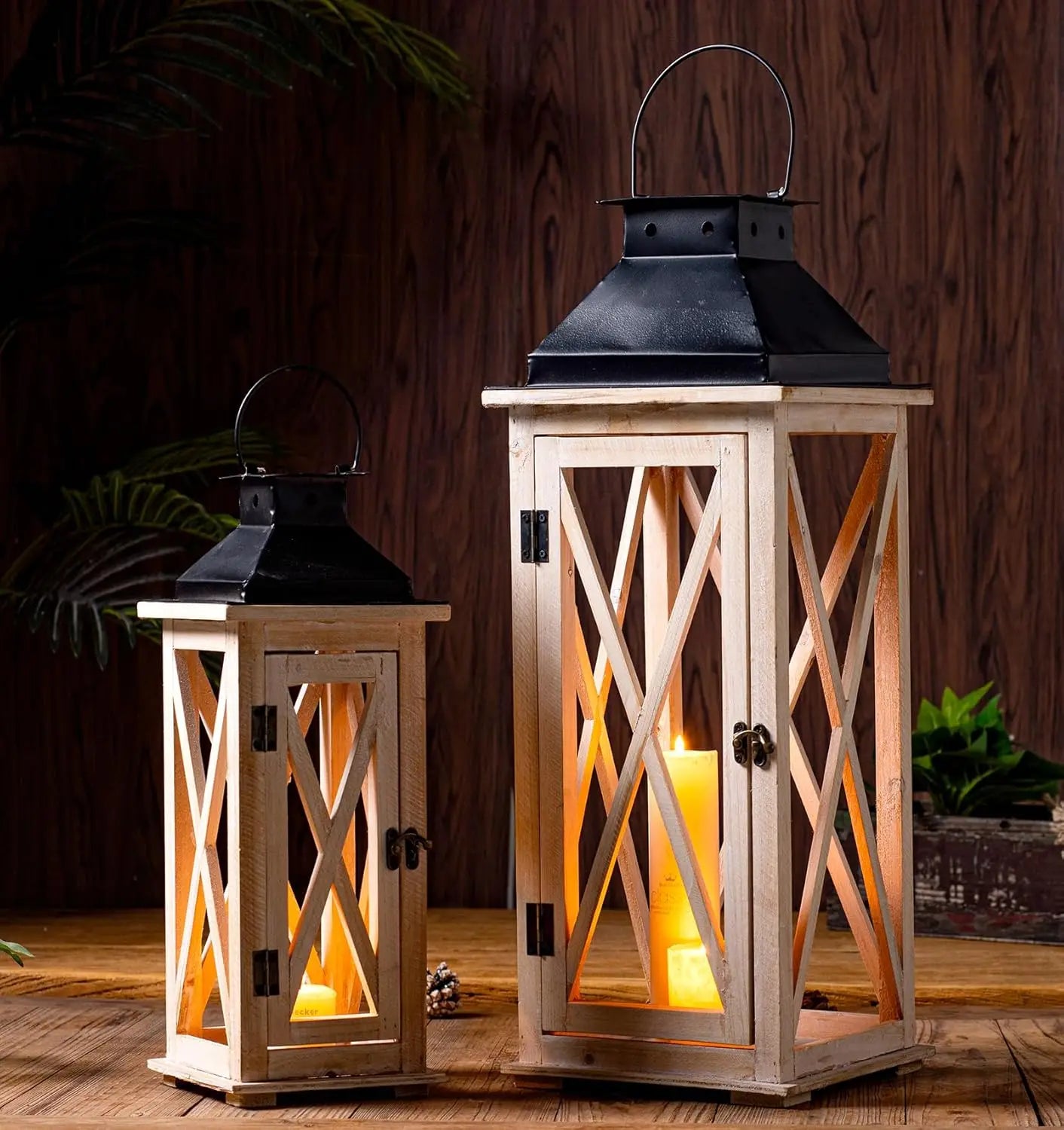 Wooden Candle Lanterns Decorative Set of 2,