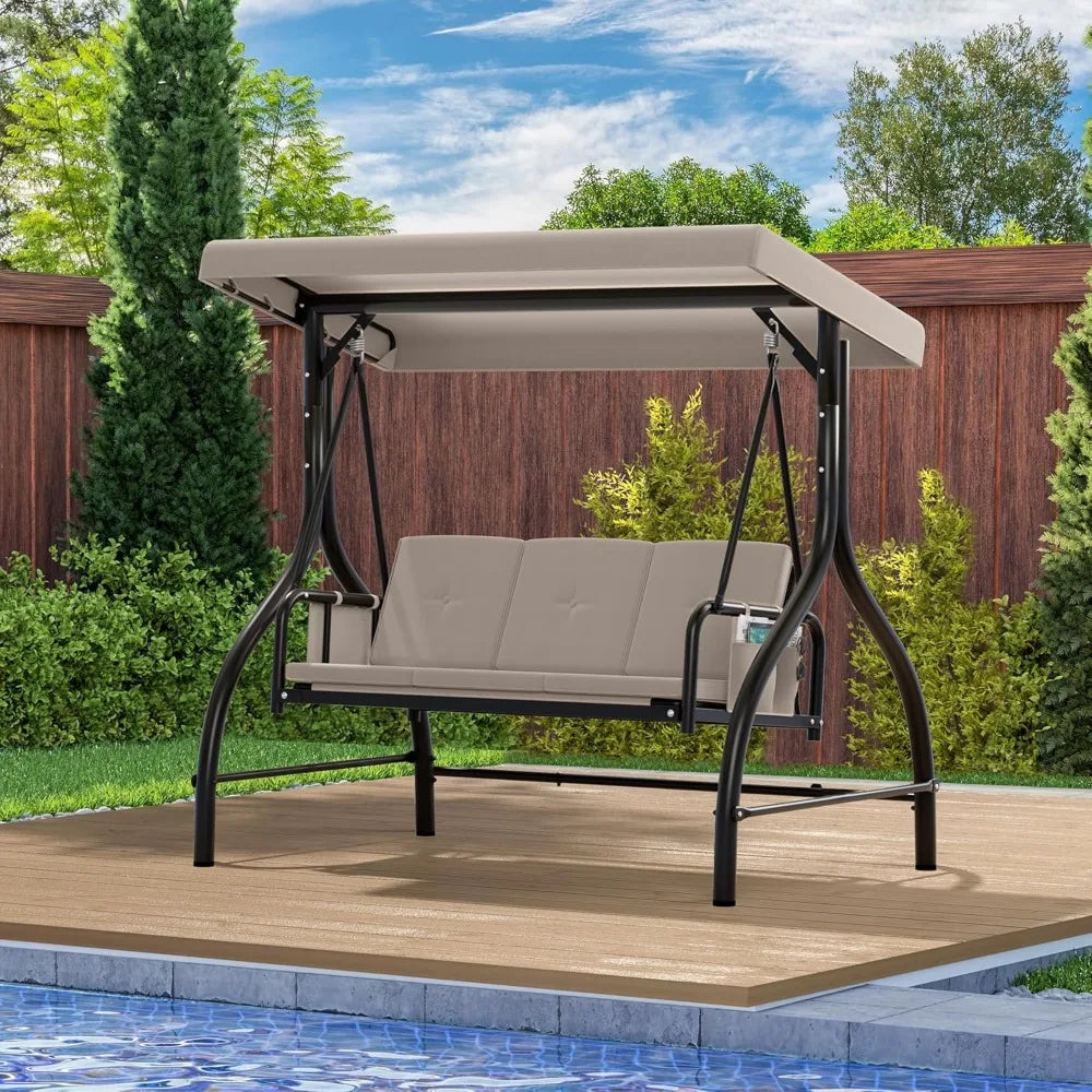 Outdoor Porch Swing, 3 Person Patio Swing Chair with Adjustable Canopy
