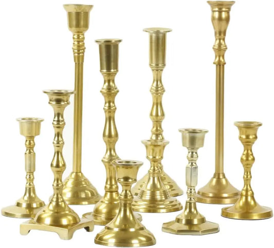 Gold Mixed Taper Holders, Set of 10, Mismatched Candlesticks Set, Bohemian Decorative