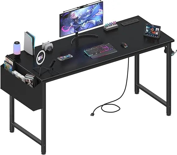 White Computer Desk with Power Outlet, 55 inch Teen Study Table