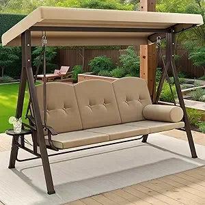 Outdoor Porch Swing, 3 Person Patio Swing Chair with Adjustable Canopy