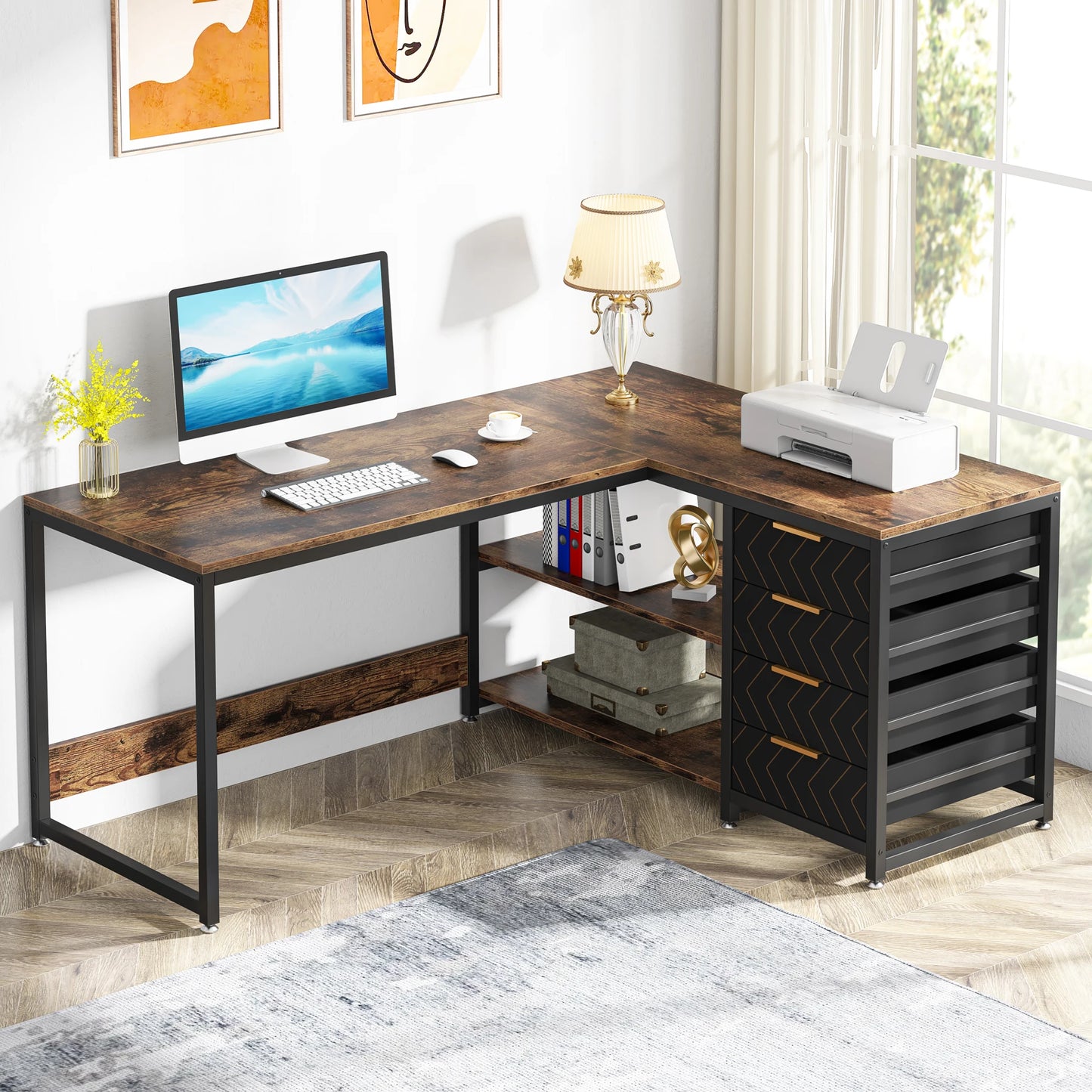L Shaped Computer Desk with Storage Drawers