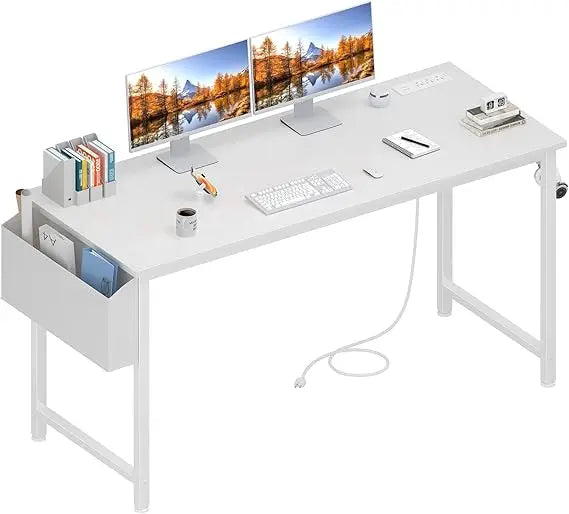 White Computer Desk with Power Outlet, 55 inch Teen Study Table