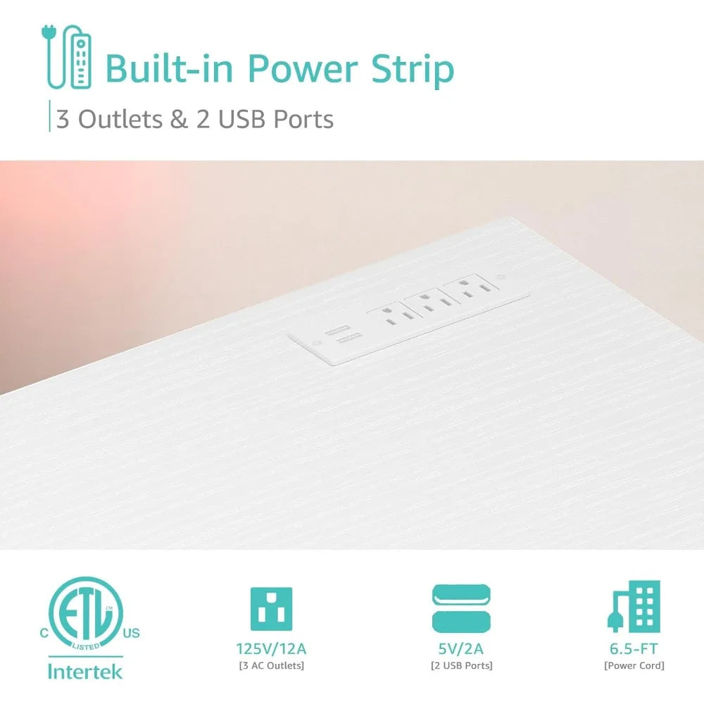 White Computer Desk with Power Outlet, 55 inch Teen Study Table