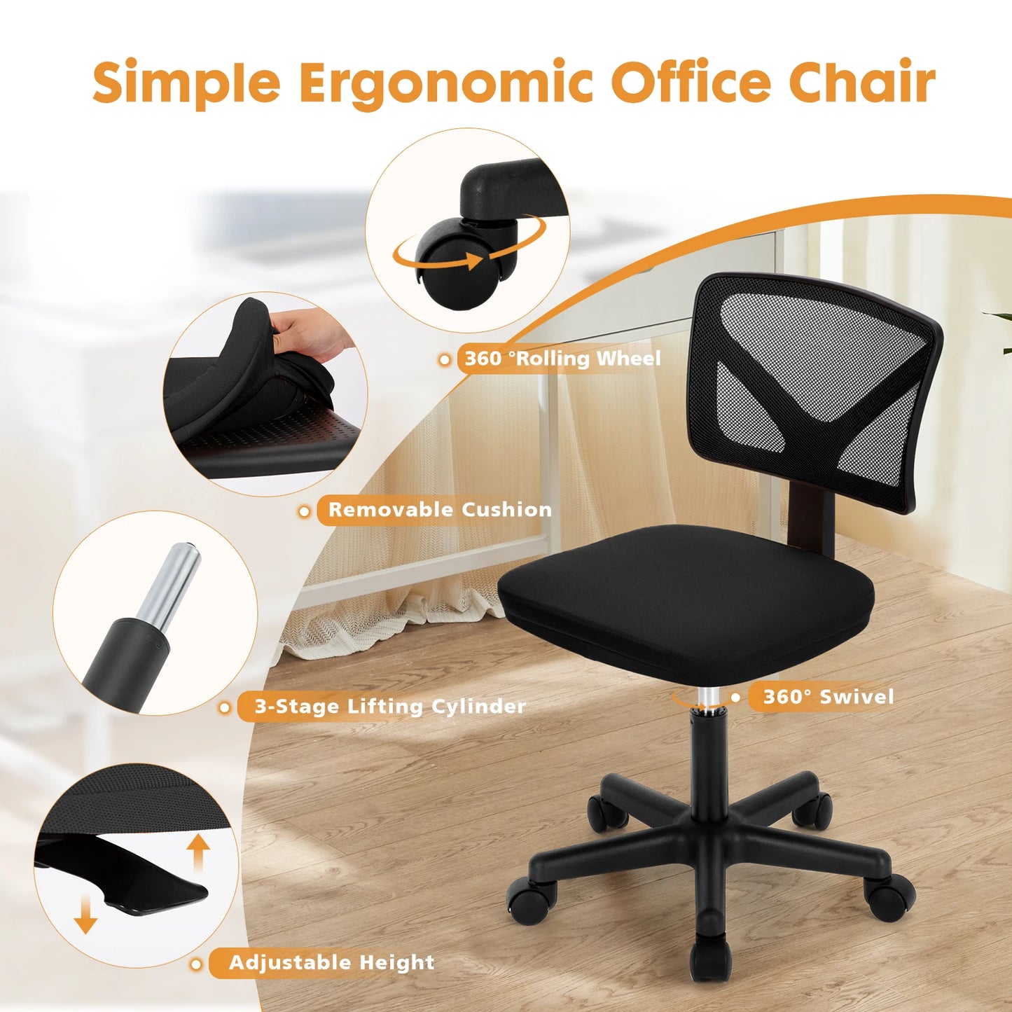 Mesh with Lumbar Support Armless Office Chair Low Back