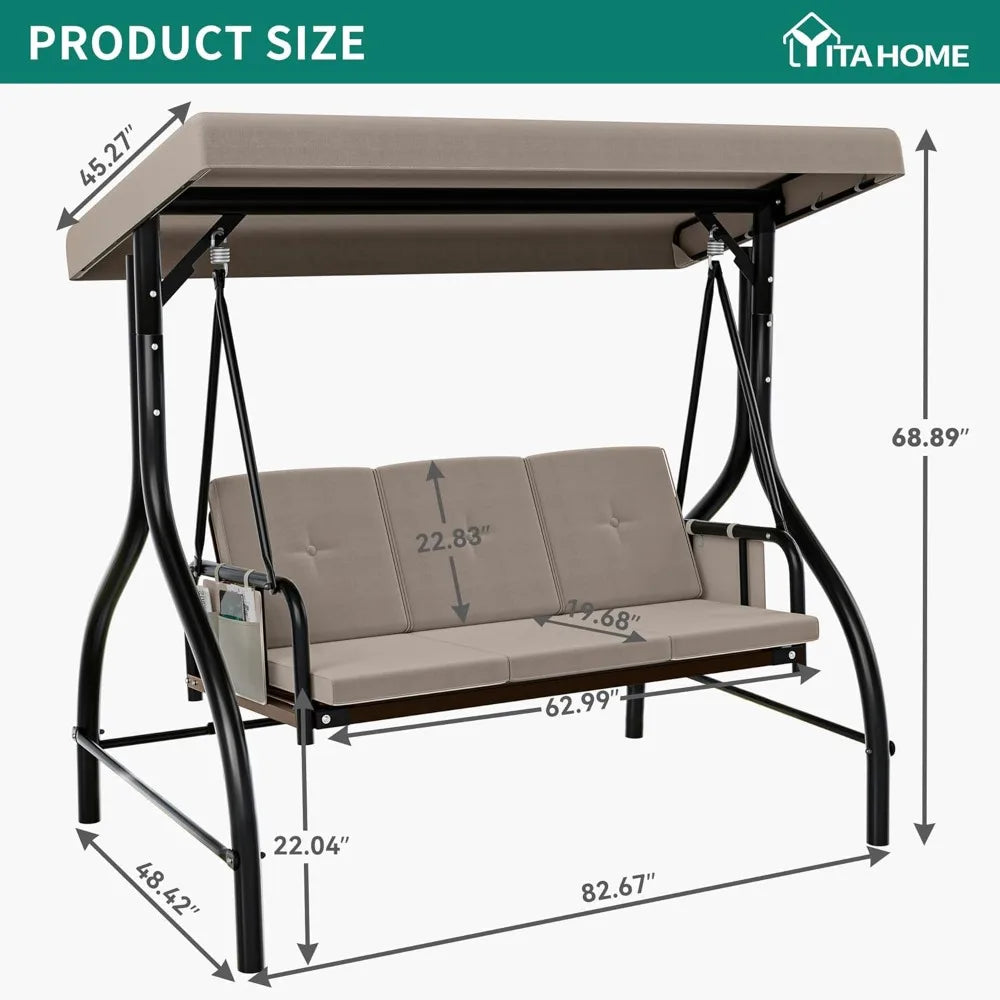 Outdoor Porch Swing, 3 Person Patio Swing Chair with Adjustable Canopy