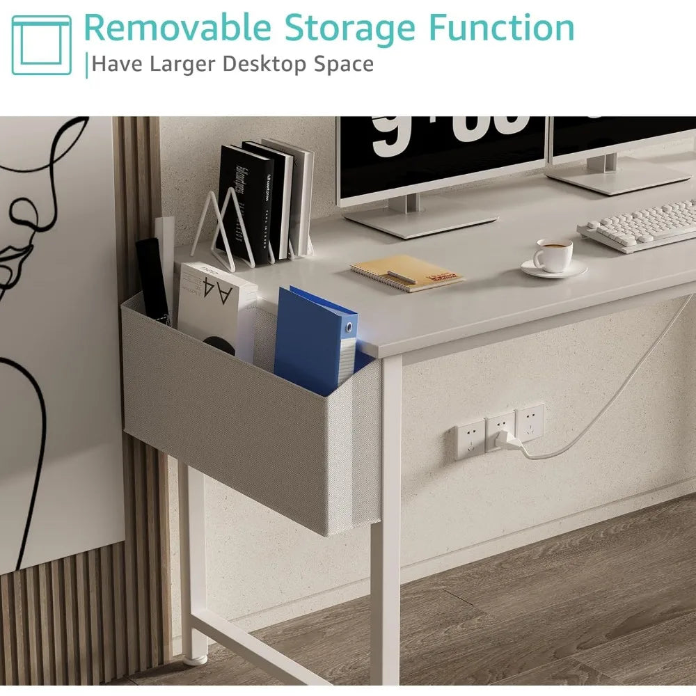 White Computer Desk with Power Outlet, 55 inch Teen Study Table